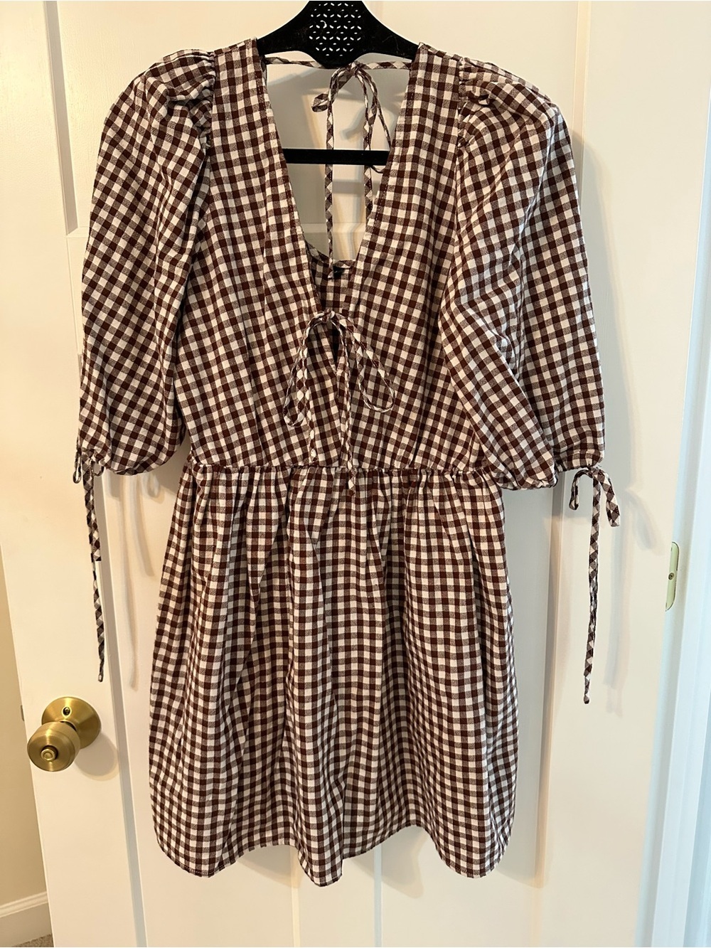 Gingham Tie-Front Mini Dress in Brown and White - Picture 2 of 6